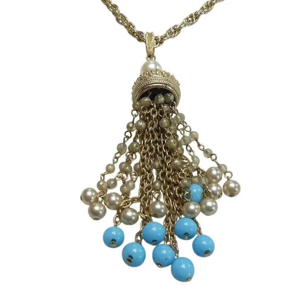 Vintage 1960s Pearl and Turquoise Bead Tassel Necklace